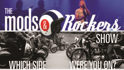 The Mods and Rockers show logo against a backdrop of a black and white image of motorbikes and scooters. 