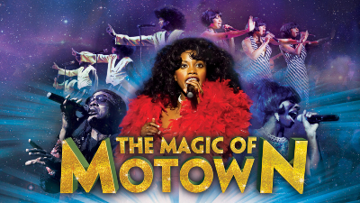 A cast member of the Magic of Motown against a purple background with yellow letters reading 'The Magic of Motown'