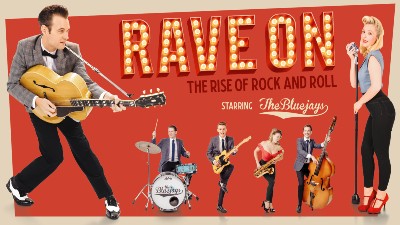 The cast members of Rave On in 1950s dress holding various instruments against a red background. 