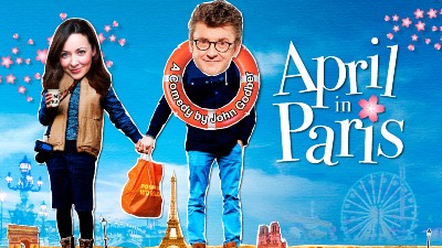 Joe Pasquale and Sarah Earnshaw in the cast of April in Paris agaist a blue backdrop and Parisian icons along the bottom