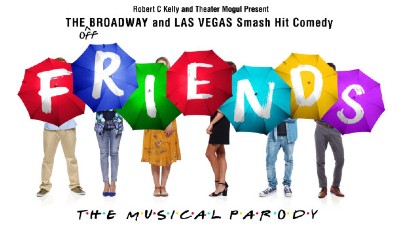 The cast of Friends the Musical hold multicoloured umbrellas with lettering FRIENDS across them. 