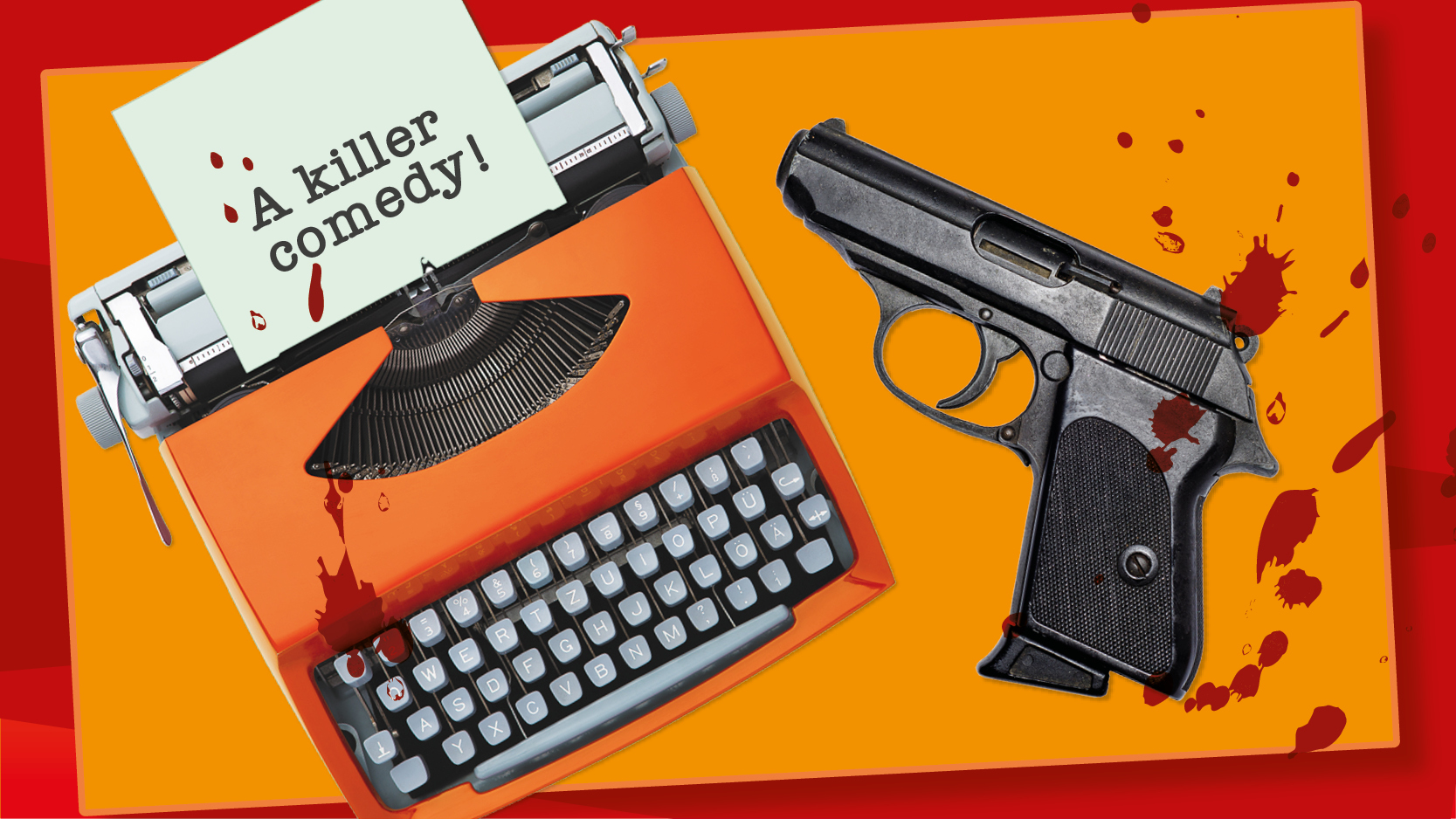An orange typewriter sits on an orange background next to a black handgun and blood splatters. 