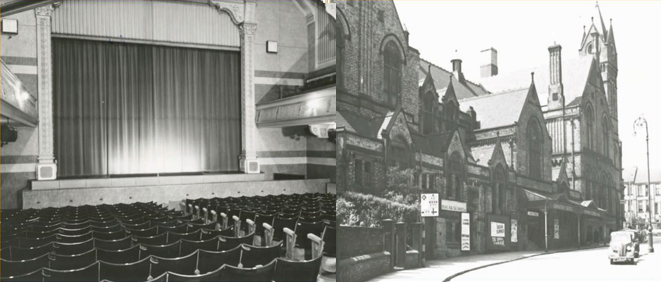 Pomegranate Theatre auditorium on left and outside the theatre on the right. Historic black and white image from 1950s.
