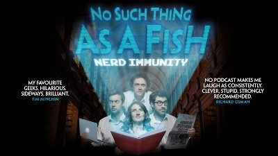 The cast of No Such thing as a Fish against a dark background with bright blue lettering reading 'No Such Thing as a Fish'
