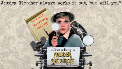 An illustrated image of Jessica Fletcher alongside an old fashioned typewriter against a beige backdrop. 