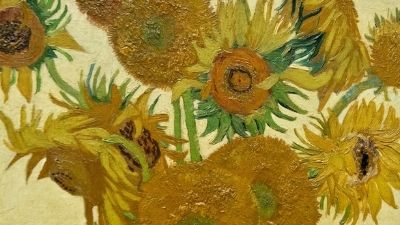 Painting of sunflowers in a muted orange.