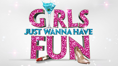 Girls just wanna have fun written in pink sparkly writing with a blue cocktail and high heeled shows on the floor like they have been whipped off after a long night of partying!