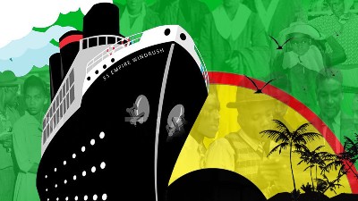 An illustrated ship against a yellow, green and red background. 
