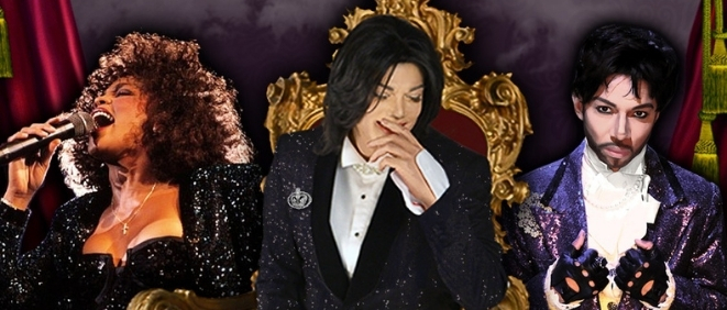 Tributes to Whitney Houston, Michael Jackson and Price stands in front of a gold and red throne