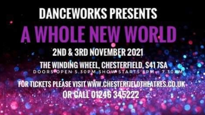 A sparkly purple background with the text 'Danceworks presents 'A Whole New World'