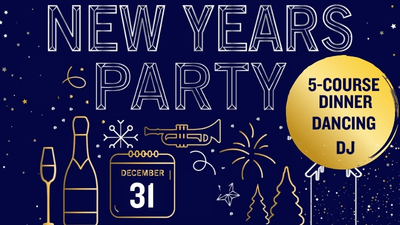 A deep blue background with gold text reading 'New Year's Party' and gold icons of champagne bottles and fireworks. 