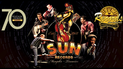 A collage of  the cast members of Sun Records against a black background. 