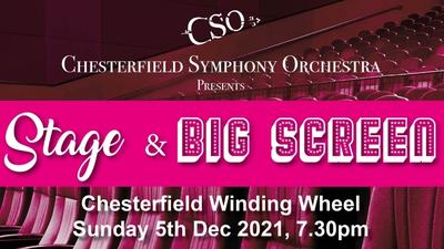 A bright pink band with the Chesterfield Symphony Logo and the text 'Stage and Big Screen' in front of a faded theatre auditorium backdrop. 