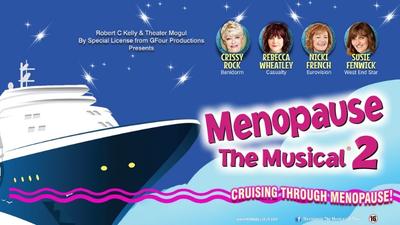 An illustrated cruise ship with 4 women on the deck. Pink text reads 'Menopause the Musical 2 Cruising through menopause'
