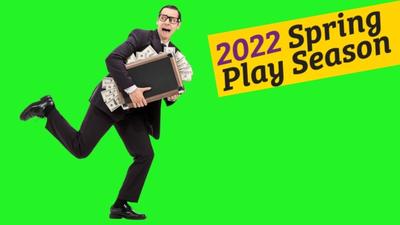 A man runs with a briefcase full of money against a bright green backdrop. 