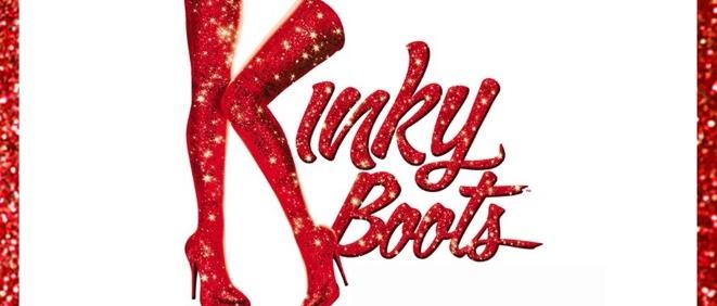Sparkly red writing reads Kinky Boots against a white backdrop.