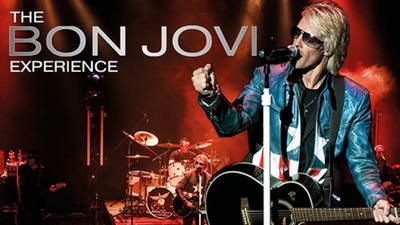A production image from The Bon Jovi Experience with gold capital letters reading' 'The Bon Jovi Experience'