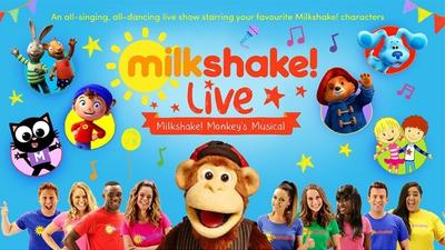A bright blue background with various characters from Milkshake. 