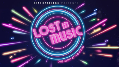 Electric looking logo with lost in music written in bright pink.
