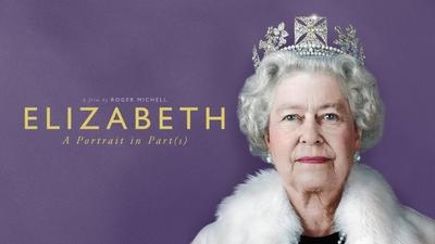 Queen Elizabeth against a purple background with gold text 'Elizabeth - A Portrait in Parts'. 