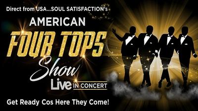 Silhouettes of the cast of the American Four Tops against a black and gold backdrop. 