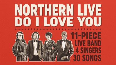 The cast of Northern Live against a bright red backdrop. 
