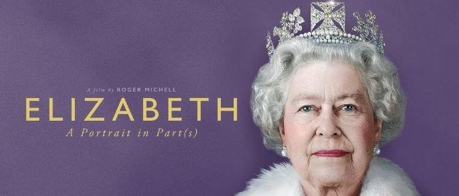 Queen Elizabeth against a purple background with gold lettering 'Elizabeth A Portrait in Parts'