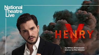 A close up of actor Kit Harington in front of a blue smoky background and the words Henry V