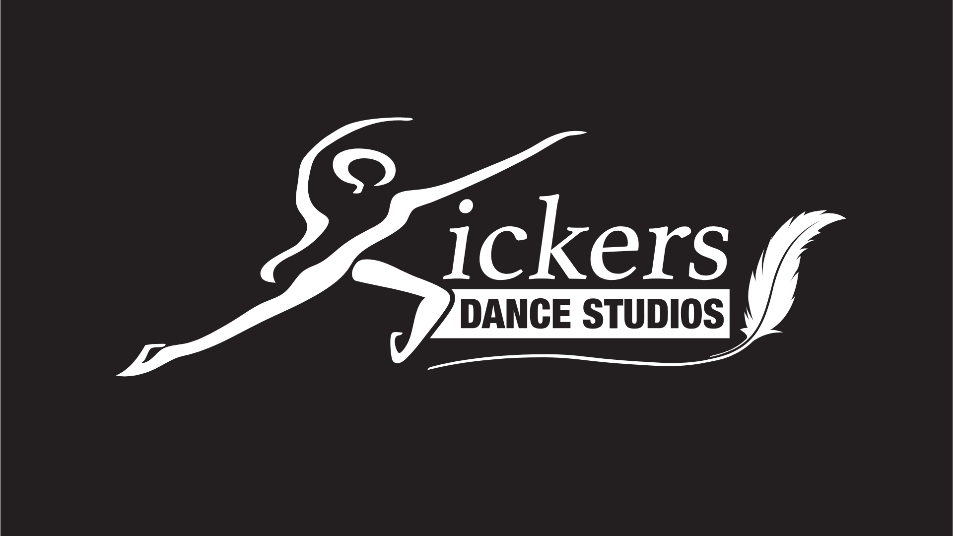 Kickers Dance Studios logo on a black background. The logo had a feather and the K of kickers is a dancer.