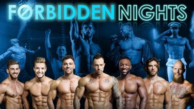 The cast members of Forbidden Nights against a blue backdrop with neon lettering reading 'Forbidden Nights'.