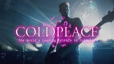 PInk neon text reading 'Coldplace' over a silhoette of the band performing on stage 