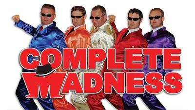 The band members of Complete Madness against a white background with red text reading 'Complete Madness'