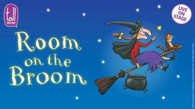 An illustration of the witch on her broom against a starry night backkdrop. 