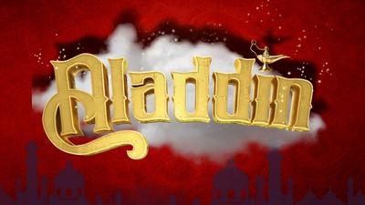 A deep red background with gold text reading Aladdin.