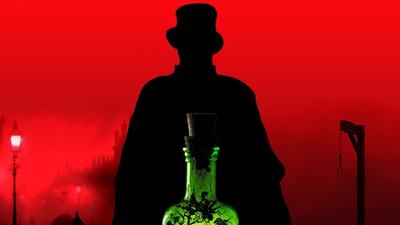 A bright red backdrop with a silhouetted figure, hangman's noose and bottle of posion in the foreground
