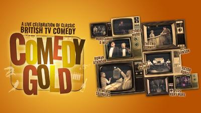 A deep golden backdrop with the text 'Comedy Gold' beside a collage of production images from the show. 