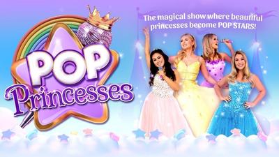 The cast members of Pop Princesses against an ombre purple and blue background with the text 'Pop Princesses'