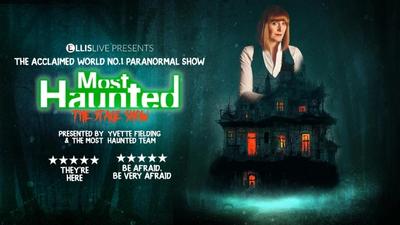 Yvette Fielding  stands behind the silhouette of an old haunted house. Neon green text reads 'Most Haunted'