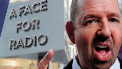 Comedian Alfie Moore points to the camera against a background with text 'A face for Radio'.