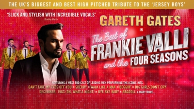 Singer Gareth Gates sings into a microphone against a red background with silver and gold text reading 'The Best of Frankie Valli starring Gareth Gates'