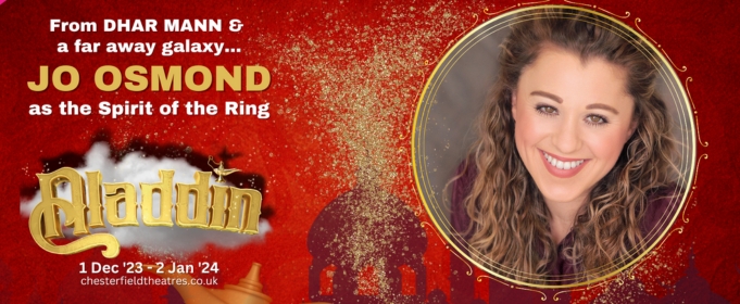 A red backfround with a headshot of Jo Osmond as Spirir of the Ring in Aladdin pantomime. 