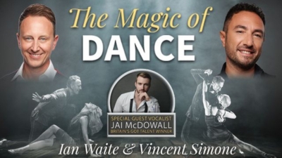 Headshots of dancers Ian Waite and Vincent Simone with gold and white text reading #The Magic of Dance'. 
