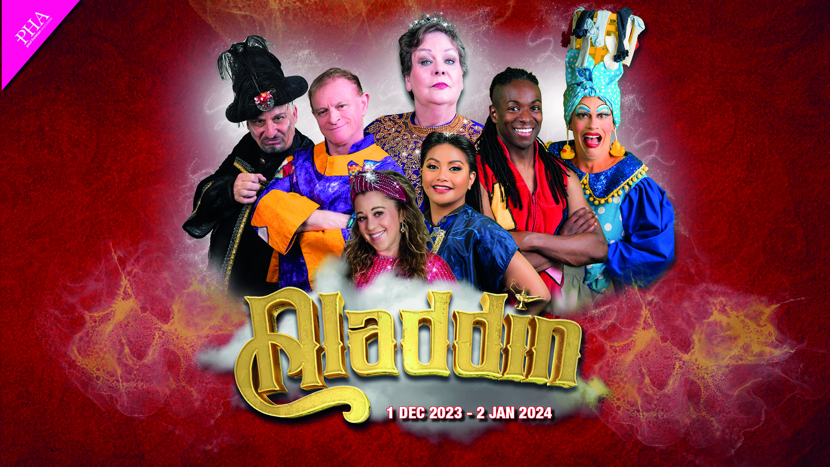 The cast of Aladdin Panto against a smoky red background with gold text reading 'Aladdin'