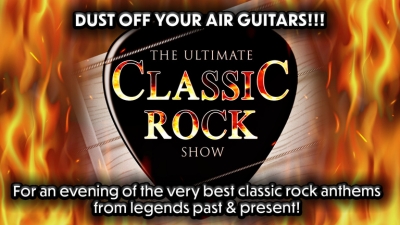 A guitar pick witht the text 'The Ultimate Classic Rock Show' against a backdrop of flames.