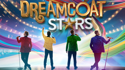 A brightly coloured background with gold and white text reading 'Dreamcoat Stars'