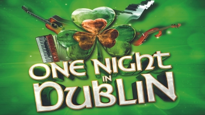 one Night in Dublin title on a 4 leaf clover with musical instruments on a green background