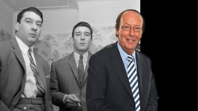A headshot of Fred Dineage in front of a black and white photo of Ronnie and Reggie Kray. 