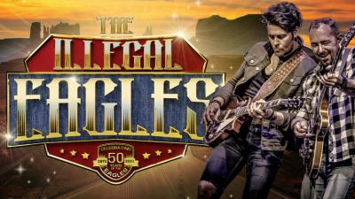 Band members of The Illegal Eagles against a desert backdrop with 'The Illegal Eagles' logo.