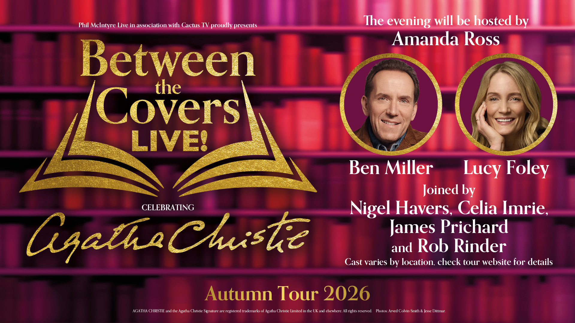 Between the Covers live title on a red background with books. There are head shots of Ben Miller and Lucy Foley who are smiling. Other cast members are also listed.
