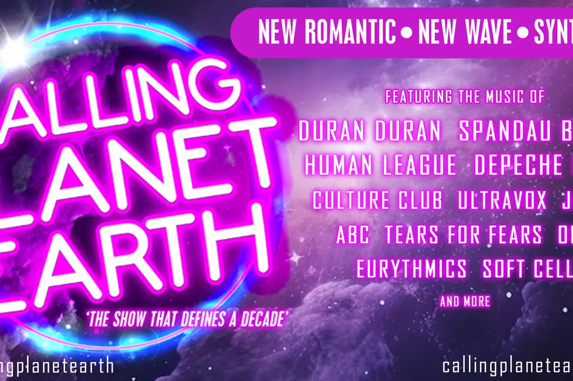 Neon text reads 'Calling Planet Earth' against a pink and purple galaxy backdrop.